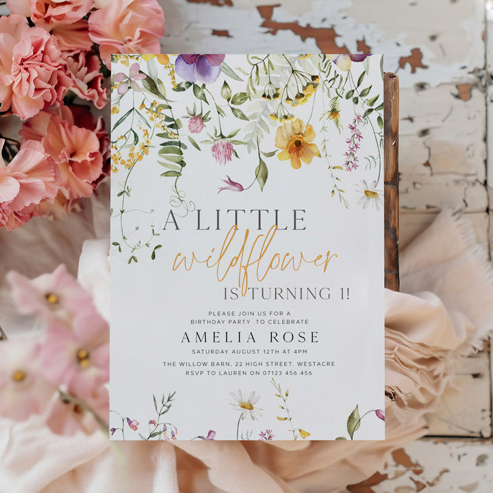 Yellow One Little Wildflower Border Invitation