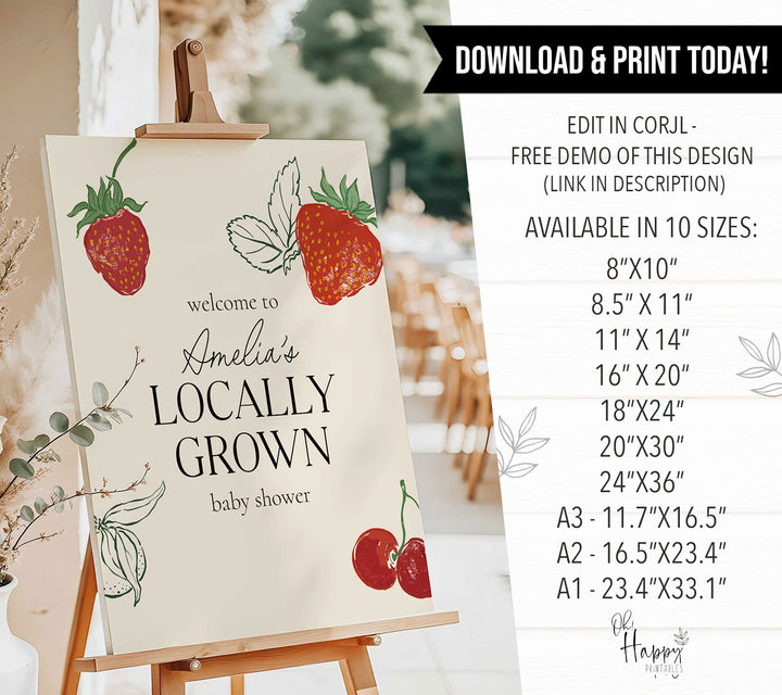 Locally Grown Strawberry Baby Shower Welcome Sign