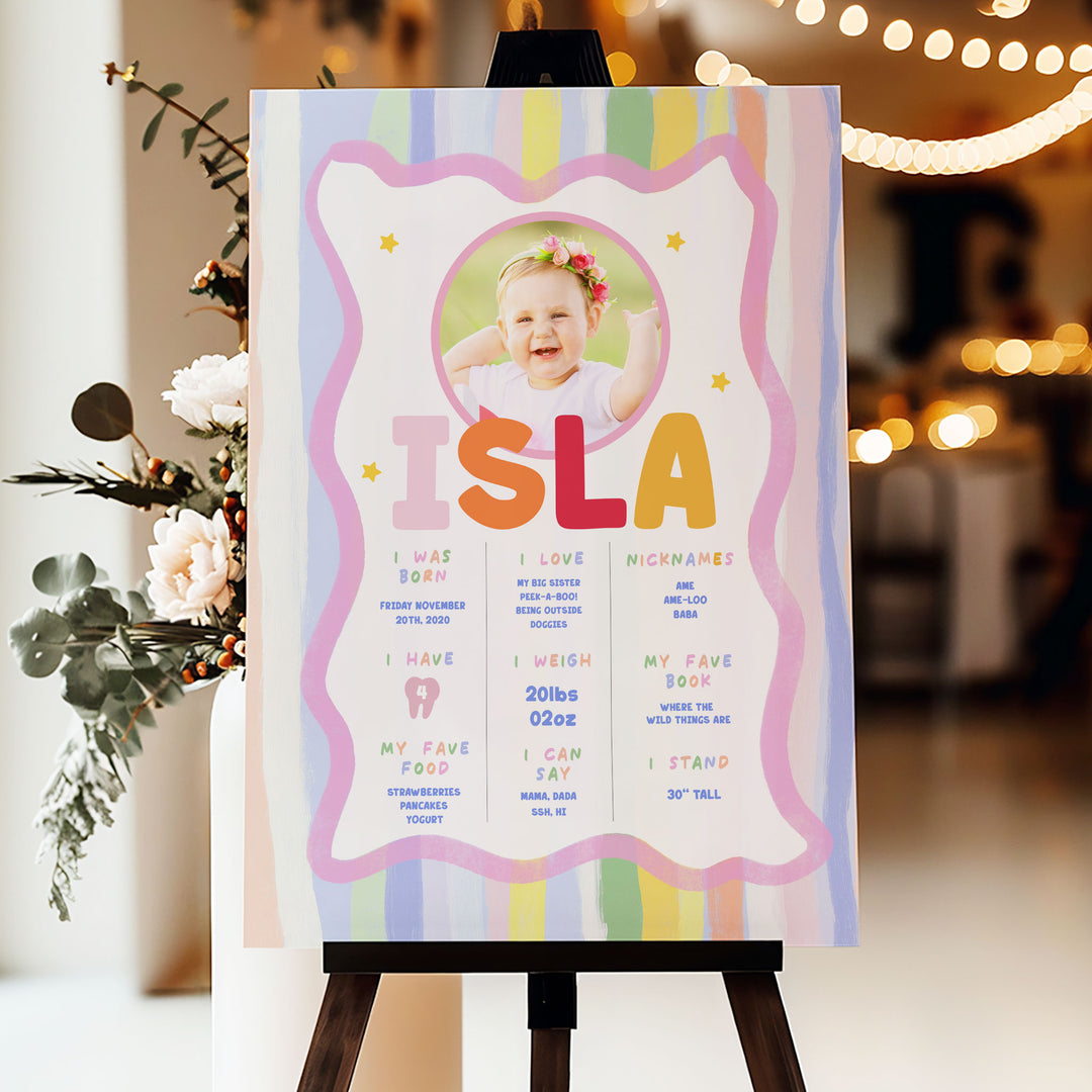 Girls Just Wanna Be One 1st Birthday Stats editable template in Canva