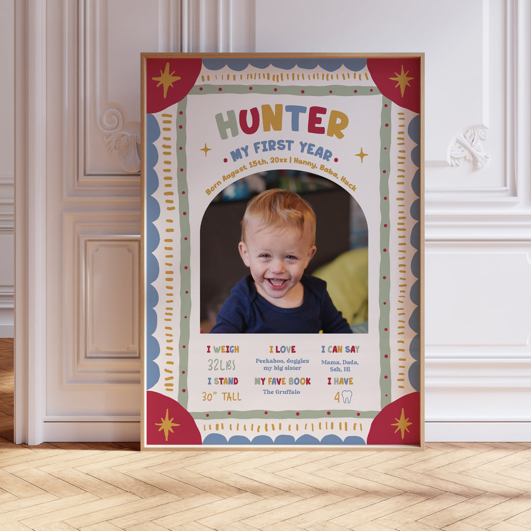 Personalized Fun to be One First Year Stats sign with a child's picture and text on a wooden floor.