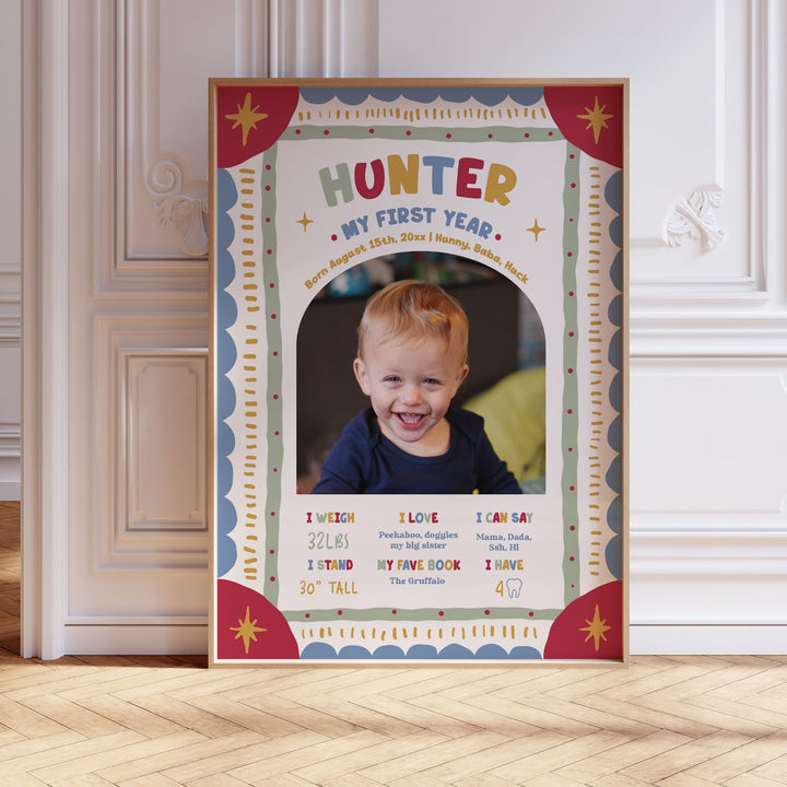 Personalized Fun to be One First Year Stats sign with a child's picture and text on a wooden floor.