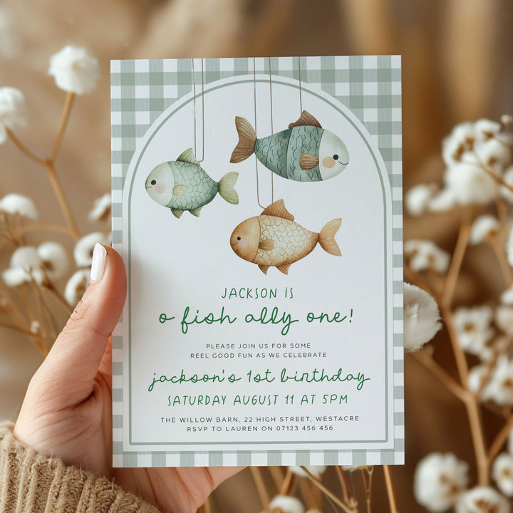 O-Fish-Ally One Gingham Birthday Editable Invitation