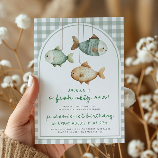 O-Fish-Ally One Gingham Birthday Editable Invitation
