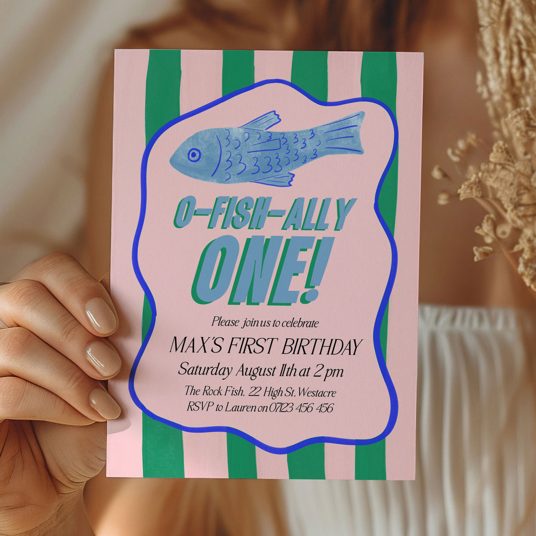 O-Fish-Ally One Sardine Wavy Birthday Editable Invitation