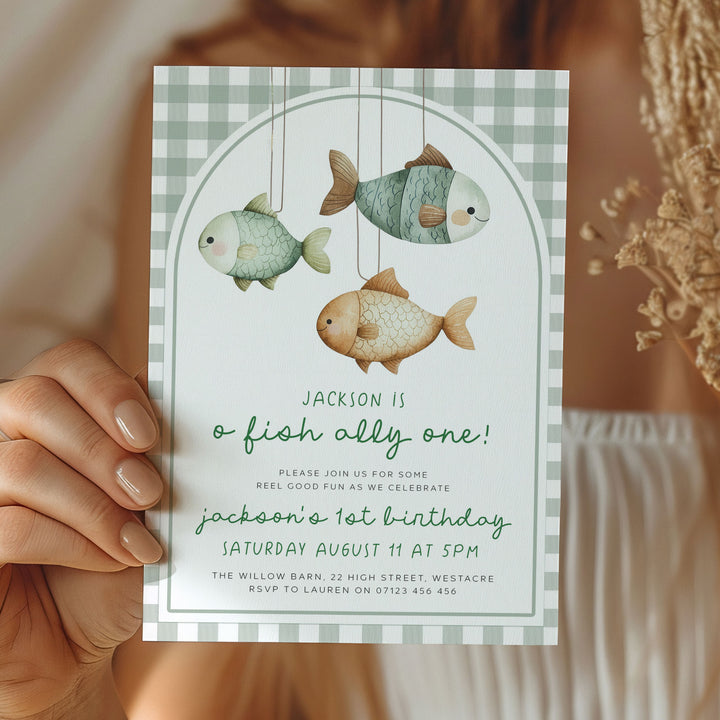 O-Fish-Ally One Gingham Birthday Editable Invitation