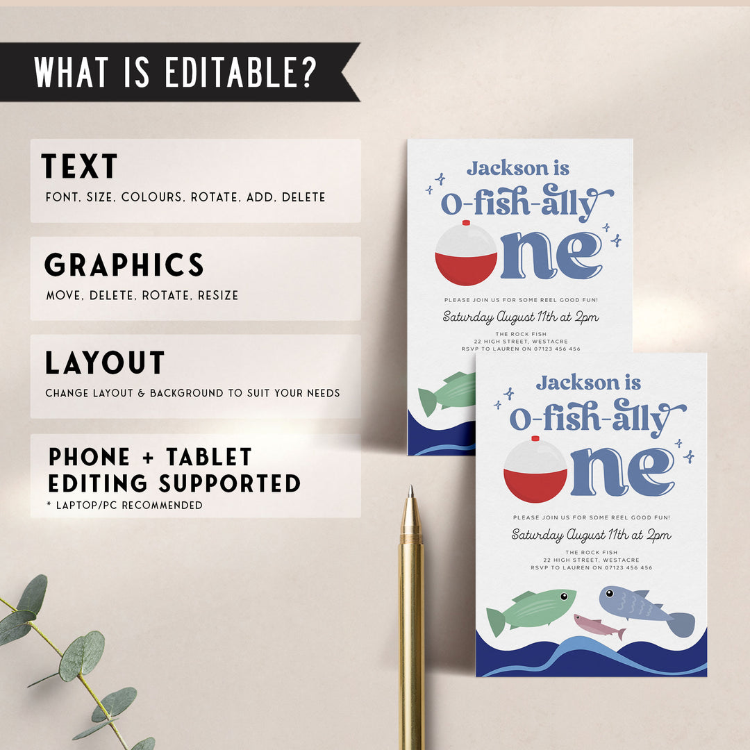 O-Fish-Ally One Retro Birthday Editable Invitation