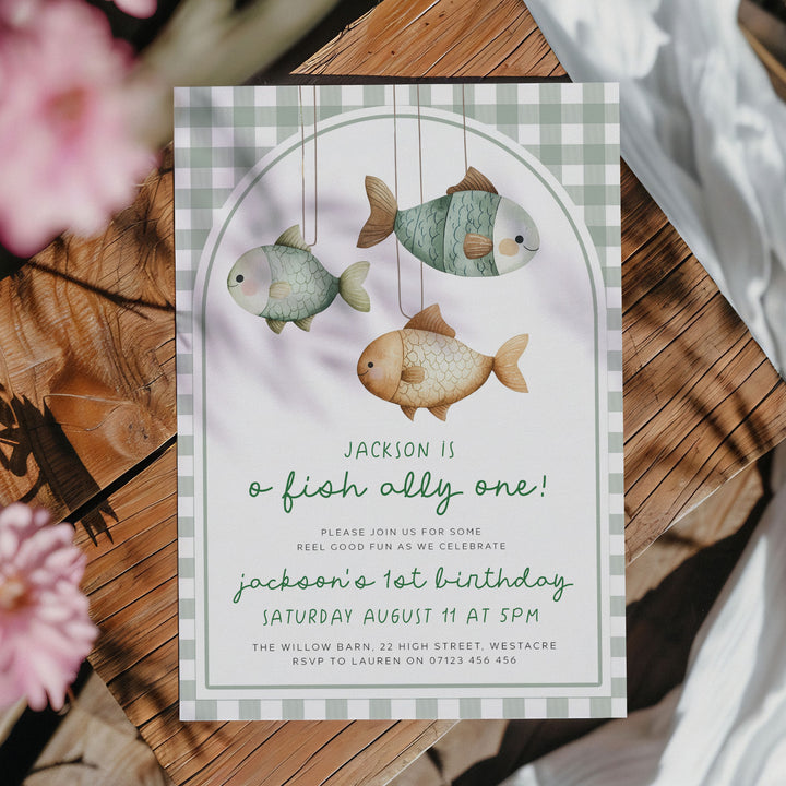 O-Fish-Ally One Gingham Birthday Editable Invitation
