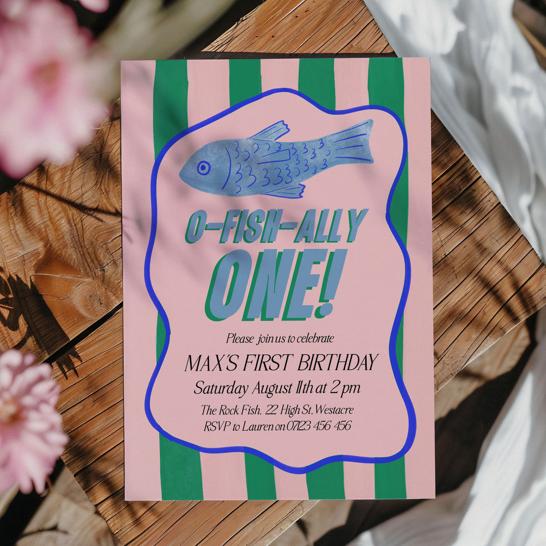 O-Fish-Ally One Sardine Wavy Birthday Editable Invitation