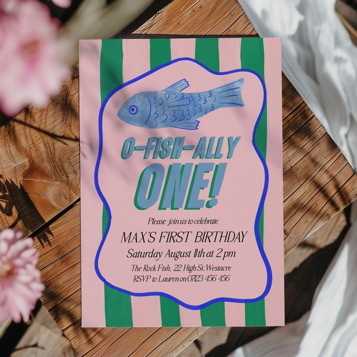 O-Fish-Ally One Sardine Wavy Birthday Editable Invitation
