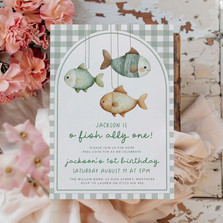 O-Fish-Ally One Gingham Birthday Editable Invitation