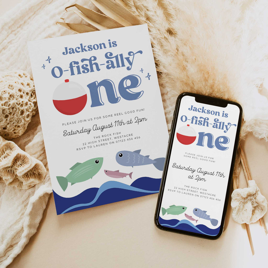 O-Fish-Ally One Retro Birthday Editable Invitation