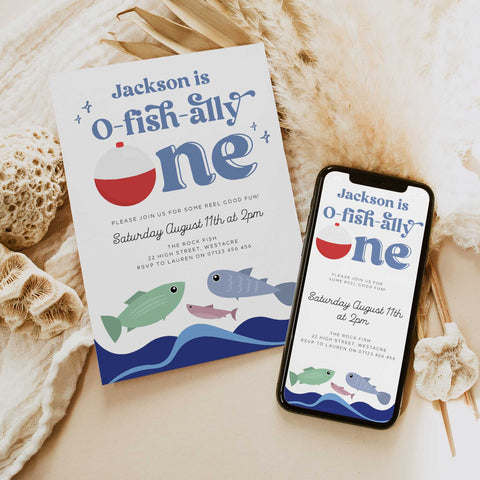 O-Fish-Ally One Retro Birthday Editable Invitation