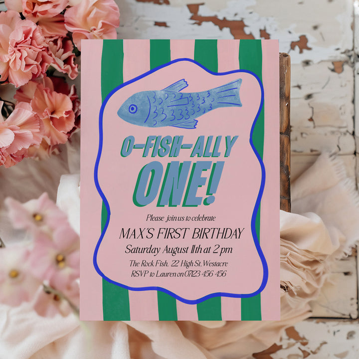 O-Fish-Ally One Sardine Wavy Birthday Editable Invitation