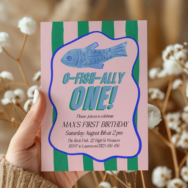 O-Fish-Ally One Sardine Wavy Birthday Editable Invitation