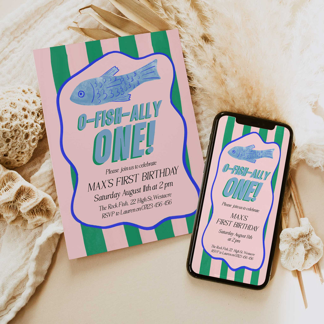 O-Fish-Ally One Sardine Wavy Birthday Editable Invitation