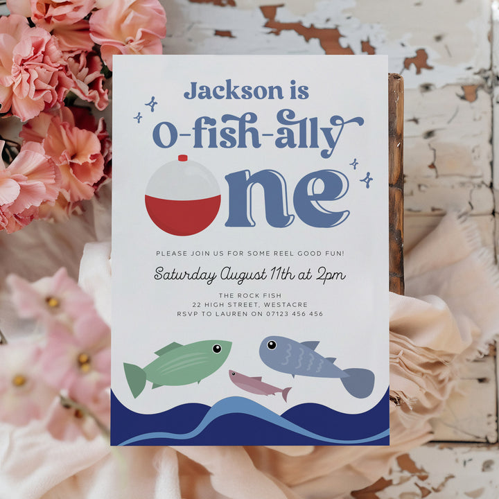 O-Fish-Ally One Retro Birthday Editable Invitation
