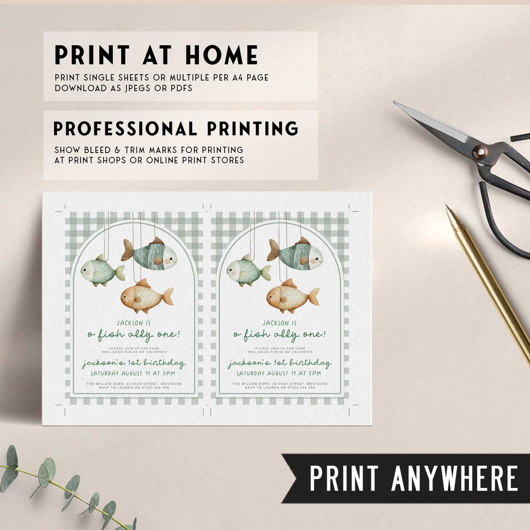 O-Fish-Ally One Gingham Birthday Editable Invitation