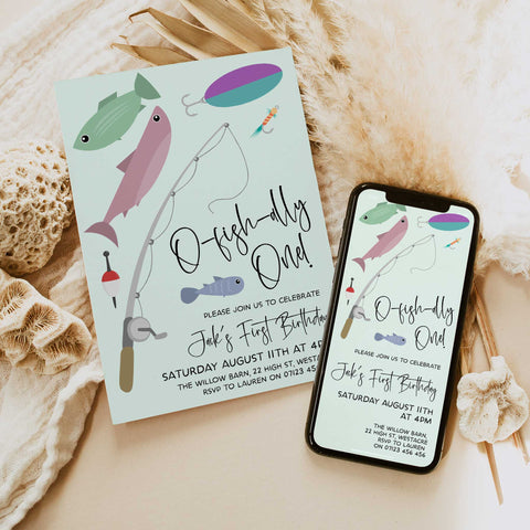 O-Fish-Ally One Modern Birthday Editable Invitation