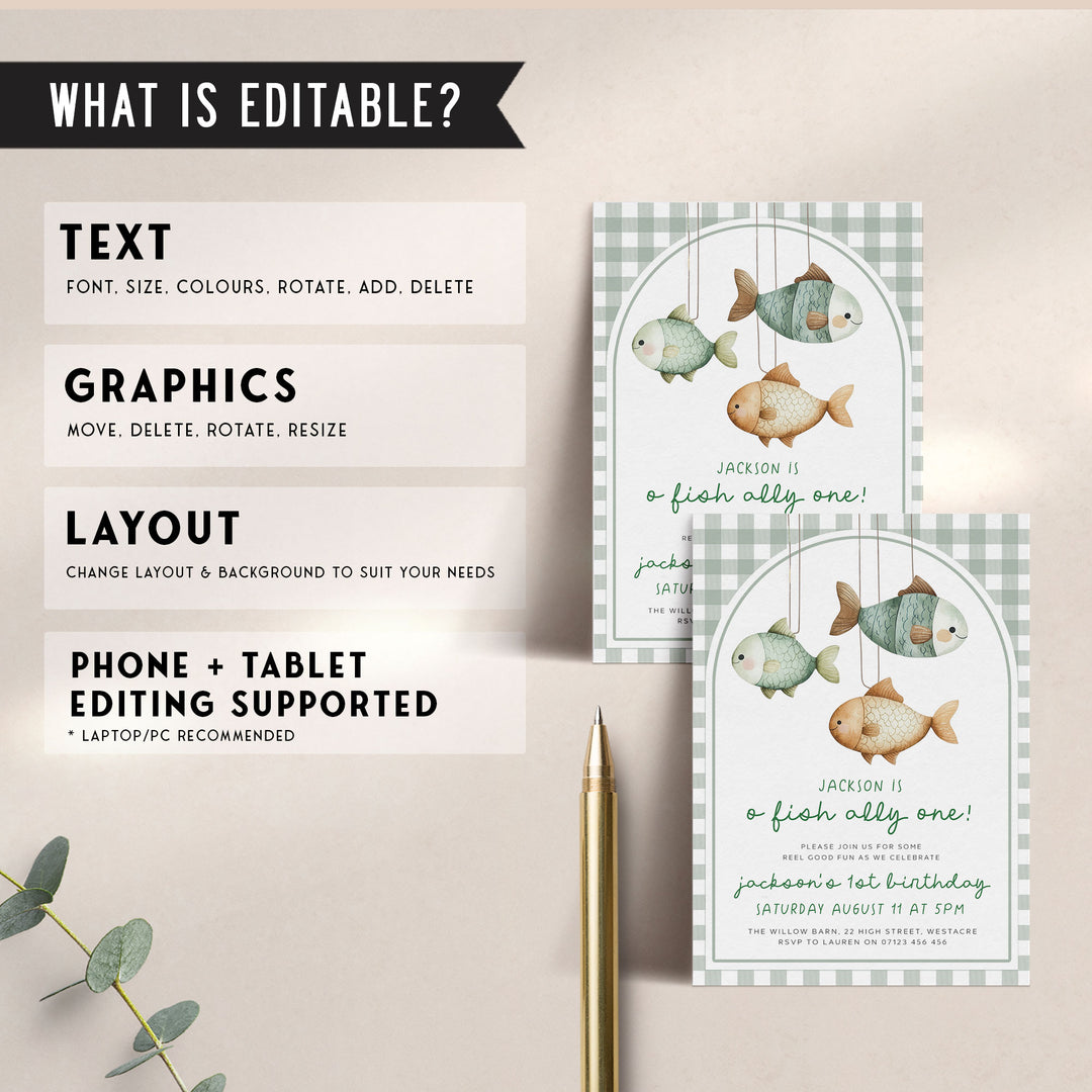 O-Fish-Ally One Gingham Birthday Editable Invitation