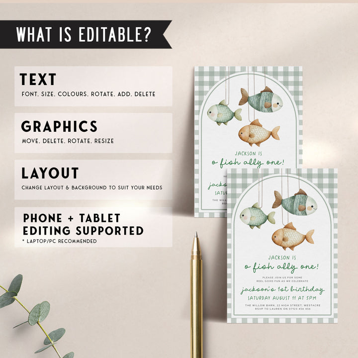 O-Fish-Ally One Gingham Birthday Editable Invitation