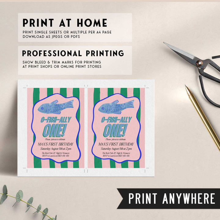 O-Fish-Ally One Sardine Wavy Birthday Editable Invitation