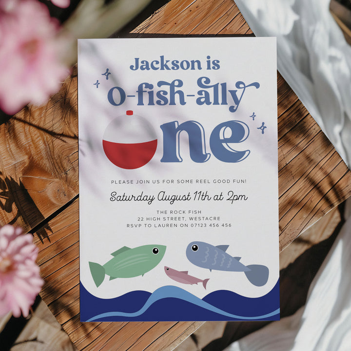 O-Fish-Ally One Retro Birthday Editable Invitation