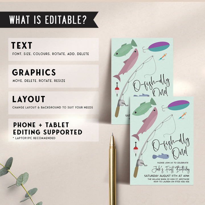 O-Fish-Ally One Modern Birthday Editable Invitation