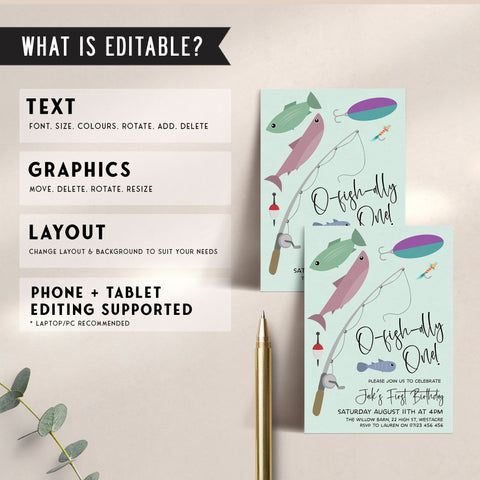 O-Fish-Ally One Modern Birthday Editable Invitation