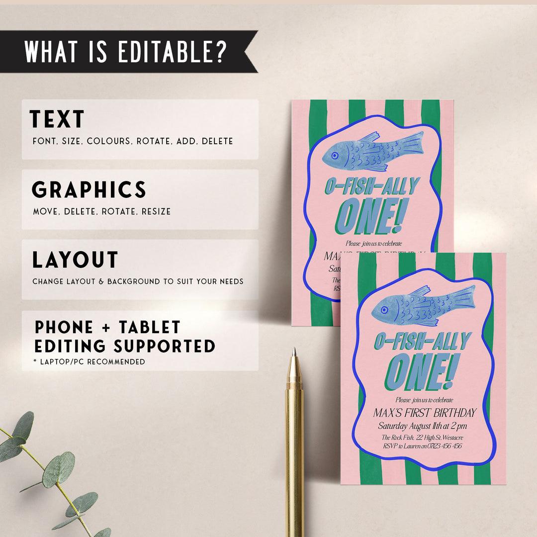 O-Fish-Ally One Sardine Wavy Birthday Editable Invitation