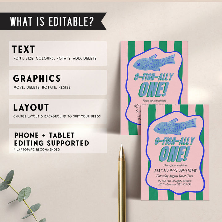 O-Fish-Ally One Sardine Wavy Birthday Editable Invitation