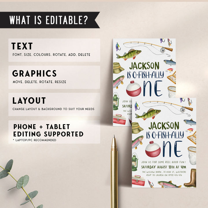 O-Fish-Ally One Border Birthday Editable Invitation