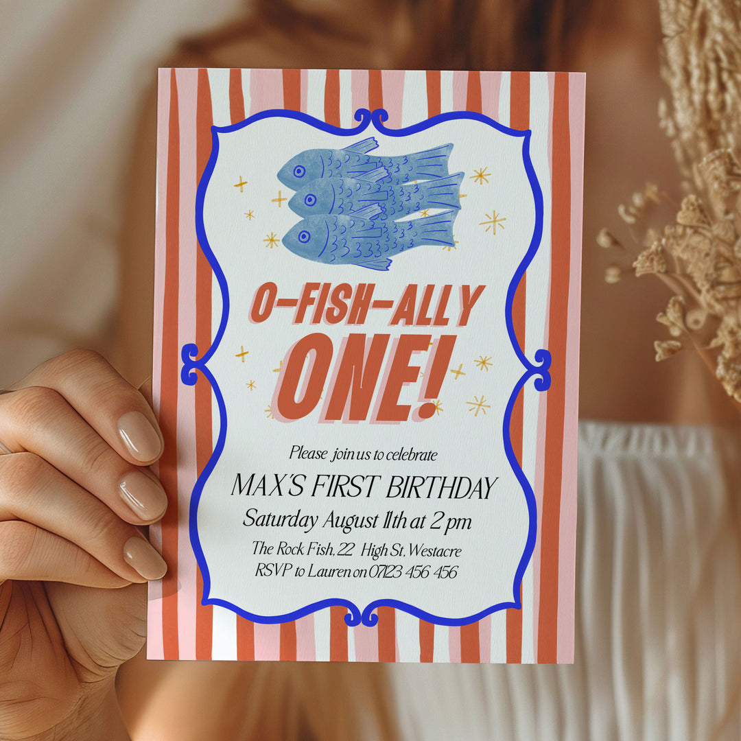 O-Fish-Ally One Sardine Striped Birthday Editable Invitation