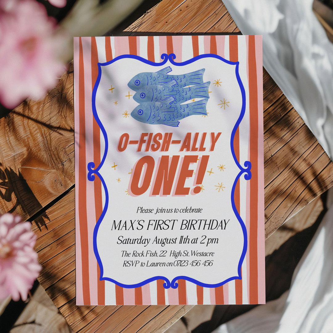O-Fish-Ally One Sardine Striped Birthday Editable Invitation