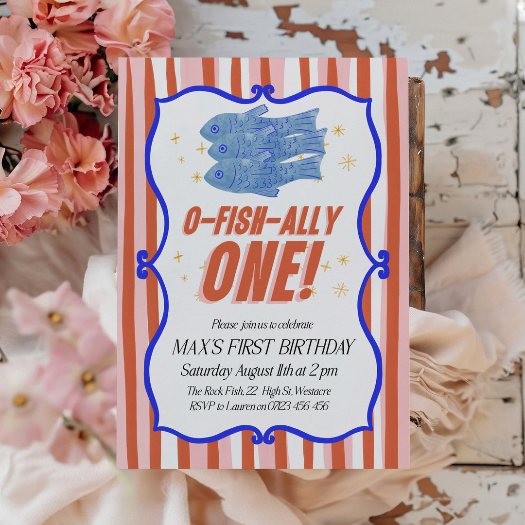 O-Fish-Ally One Sardine Striped Birthday Editable Invitation