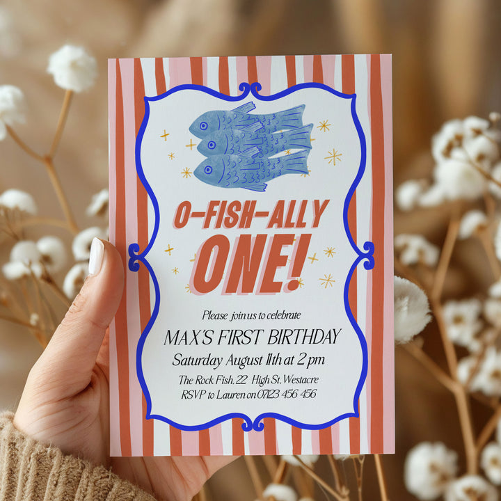 O-Fish-Ally One Sardine Striped Birthday Editable Invitation