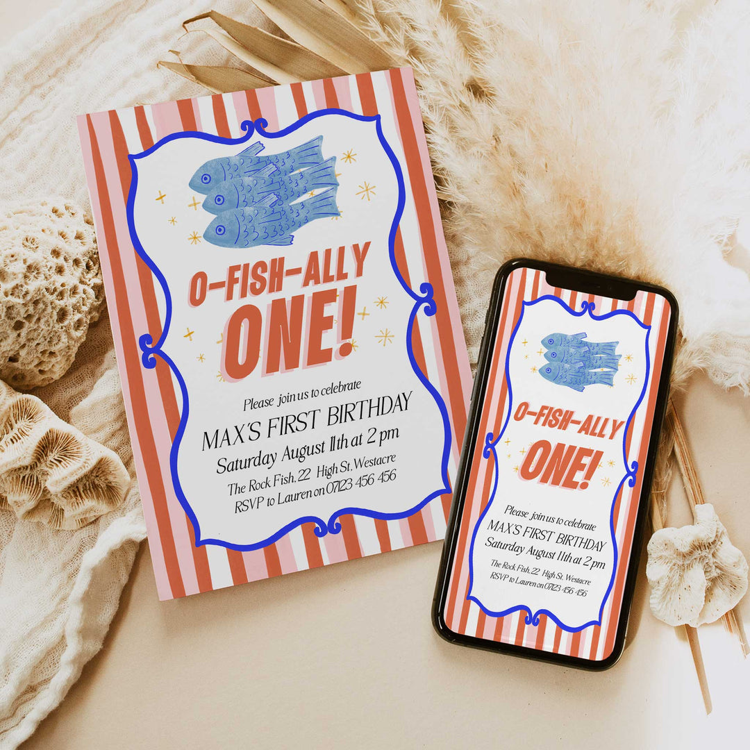O-Fish-Ally One Sardine Striped Birthday Editable Invitation