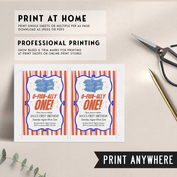 O-Fish-Ally One Sardine Striped Birthday Editable Invitation