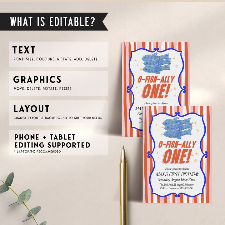 O-Fish-Ally One Sardine Striped Birthday Editable Invitation