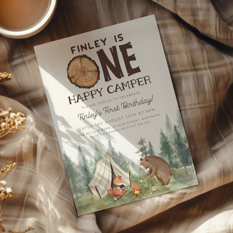 One Happy Camper Watercolor Invitation