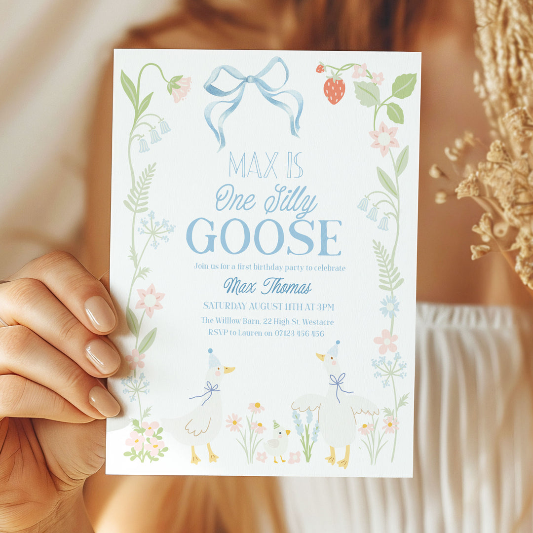 One Silly Goose Birthday Invitation, Floral Boy Editable 1st Birthday One Silly Goose Invitation Editable In Canva OSG