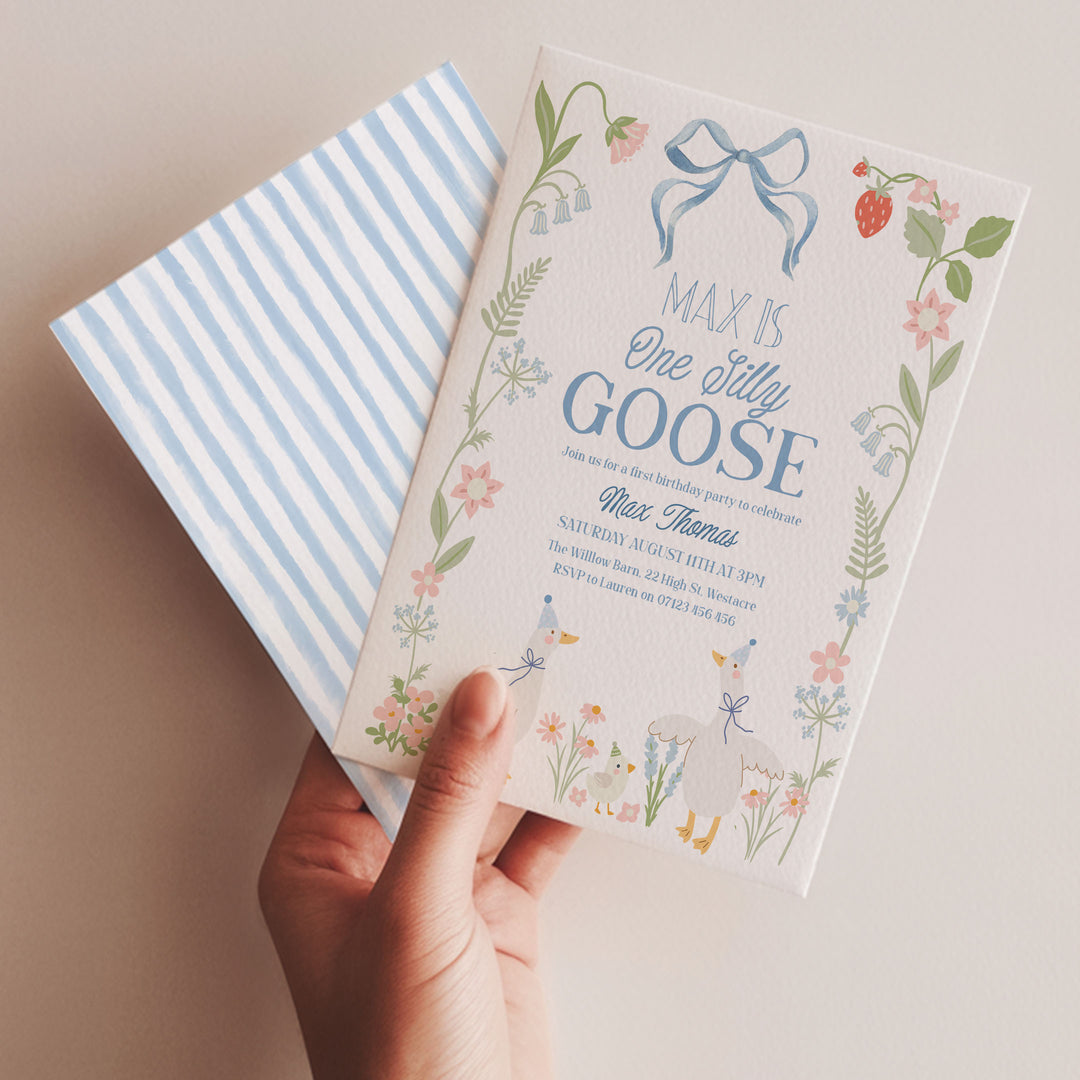 One Silly Goose Birthday Invitation, Floral Boy Editable 1st Birthday One Silly Goose Invitation Editable In Canva OSG