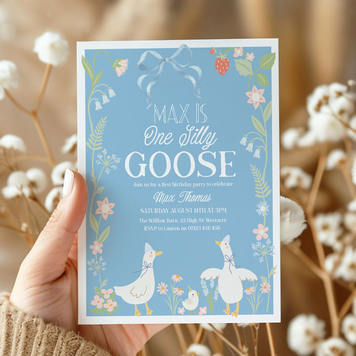 Editable One Silly Goose Birthday Invitation, Blue Background & Floral Editable 1st Birthday One Silly Goose Invitation In Canva OSG