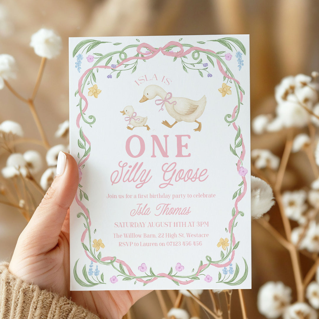 Pink Floral One Silly Goose First Birthday Invitation