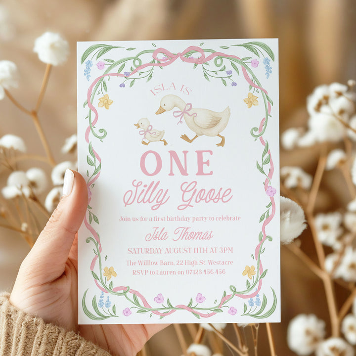 Pink Floral One Silly Goose First Birthday Invitation
