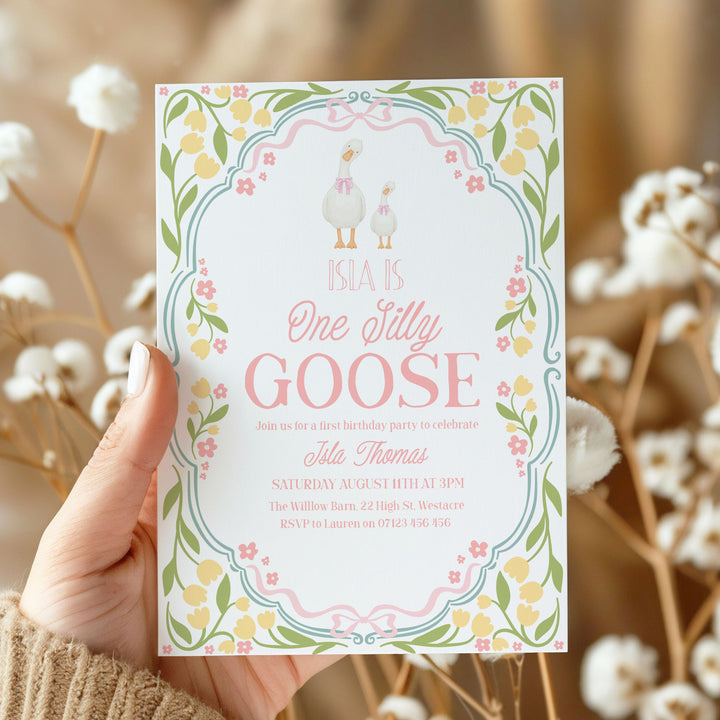 One Silly Goose First Birthday Editable Invitation, Yellow Floral Editable 1st Birthday One Silly Goose Invitation In Canva OSG