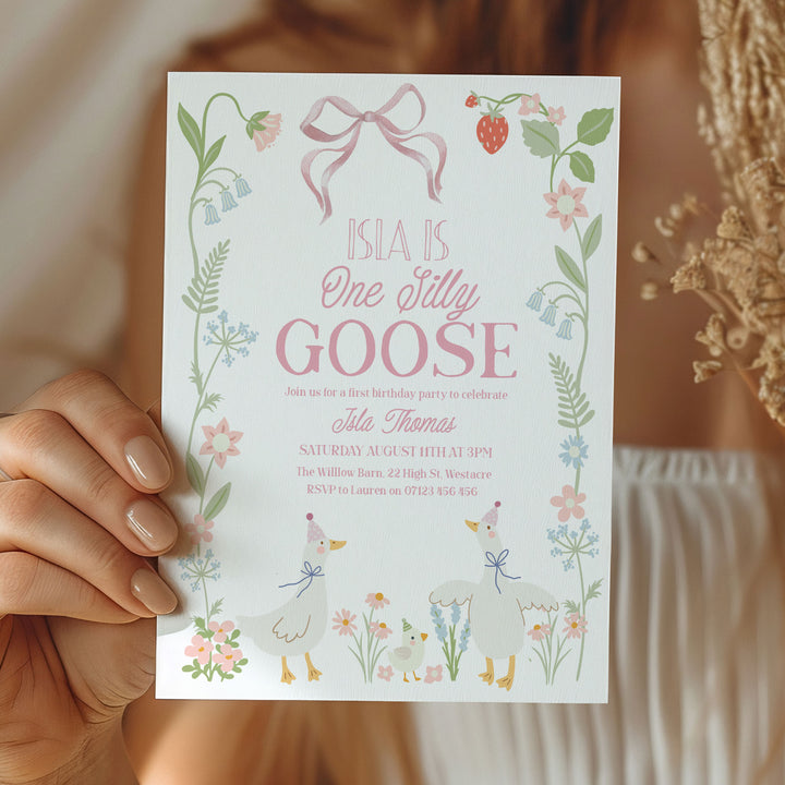 Pink Floral One Silly Goose Invitation