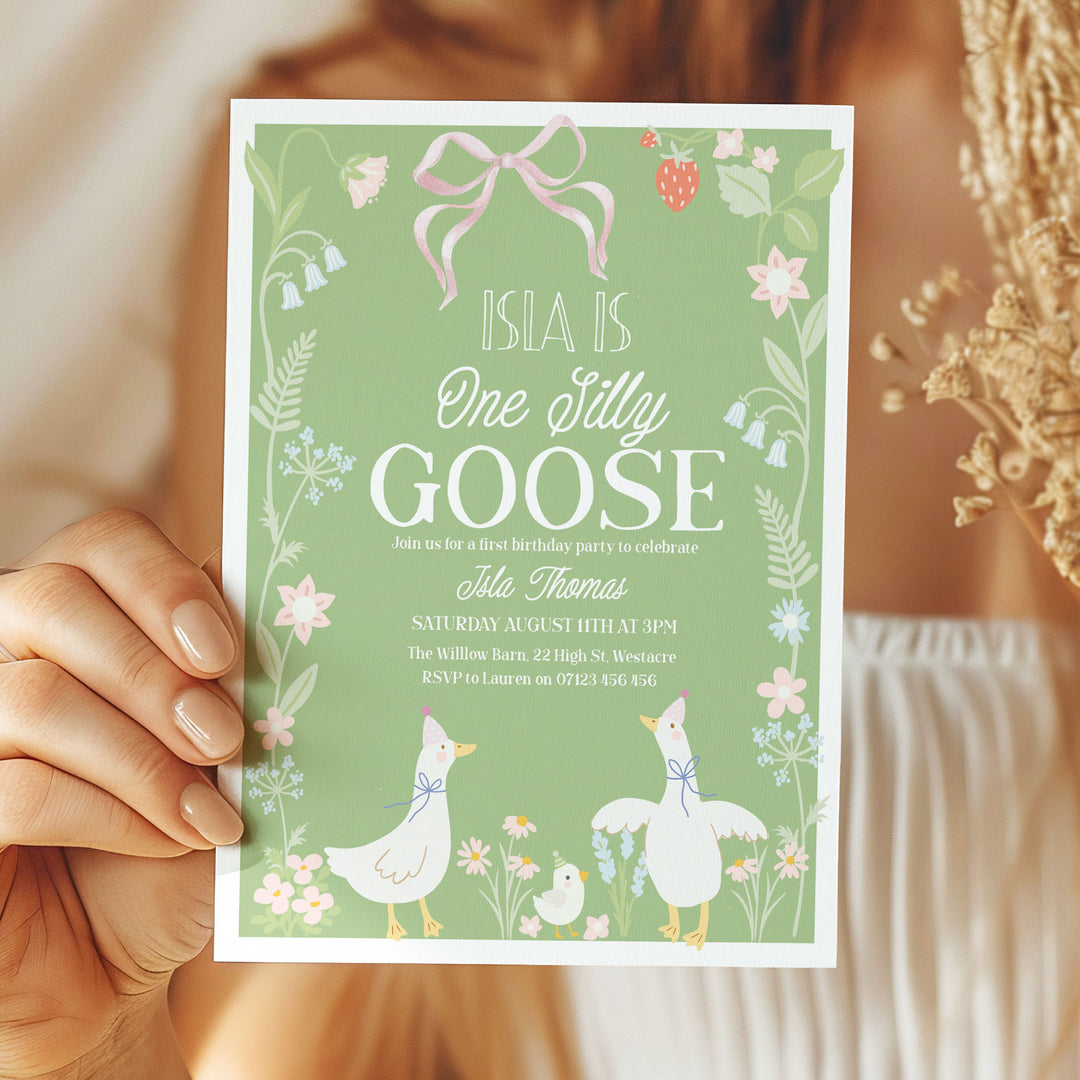 Green One Silly Goose First Birthday Invitation