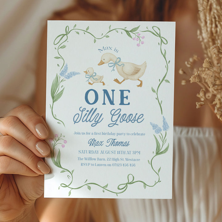 Blue Floral One Silly Goose First Birthday Invitation