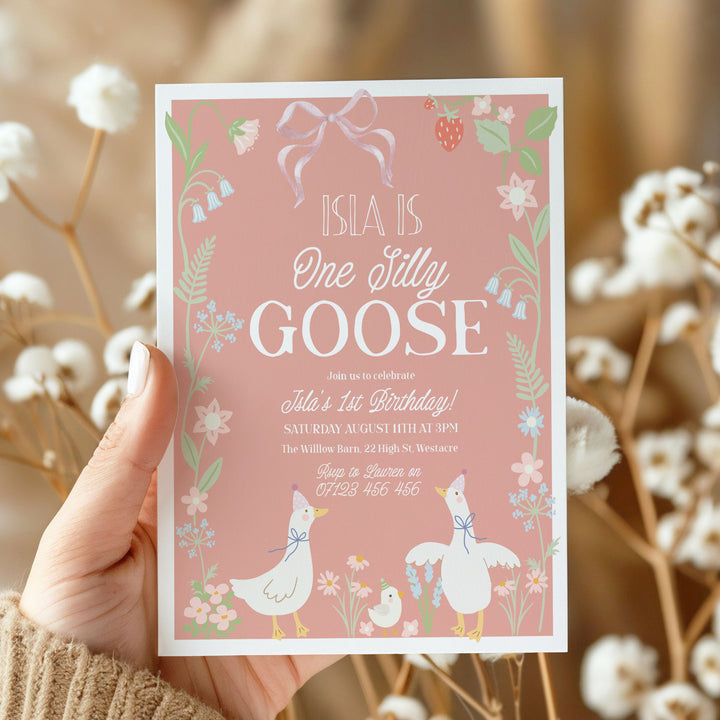 Coral One Silly Goose First Birthday Invitation
