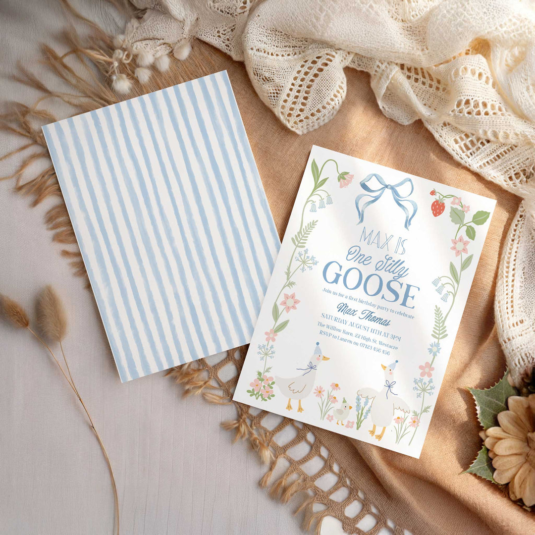 One Silly Goose Birthday Invitation, Floral Boy Editable 1st Birthday One Silly Goose Invitation Editable In Canva OSG